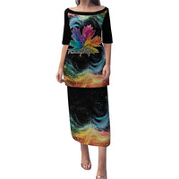 Black long tunic dress with rainbow maple leaf galaxy print, short sleeves