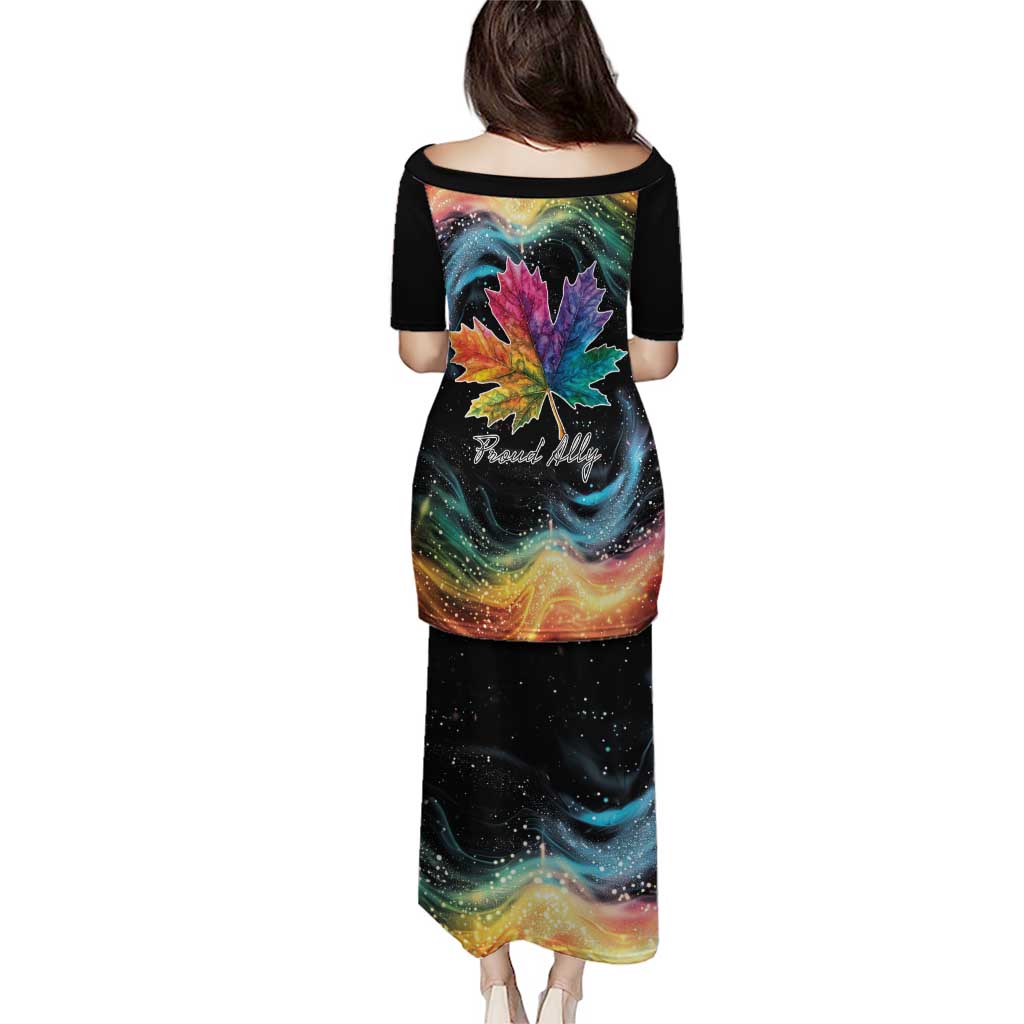 Black long tunic dress with rainbow maple leaf galaxy print and "Proud Ally" text
