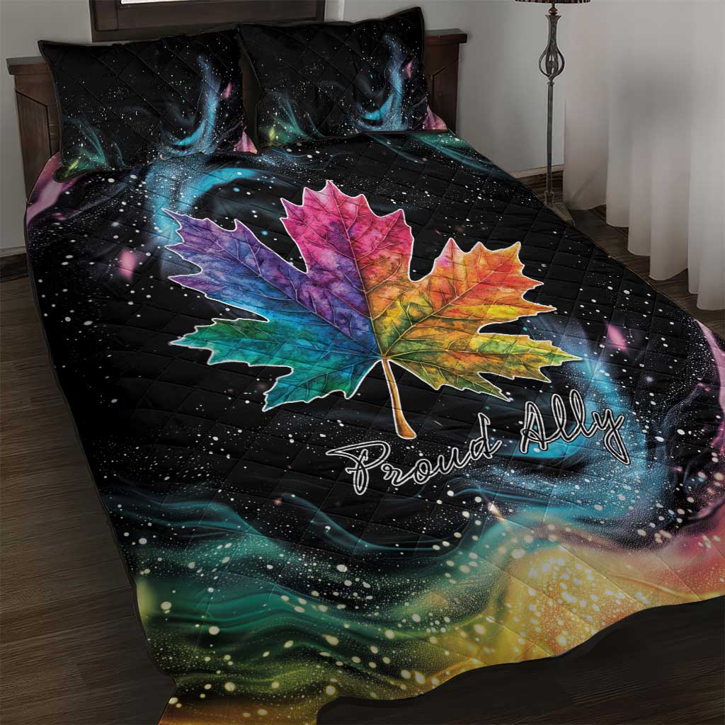 Black quilt bed set with colorful maple leaf and nebula print, includes two pillows
