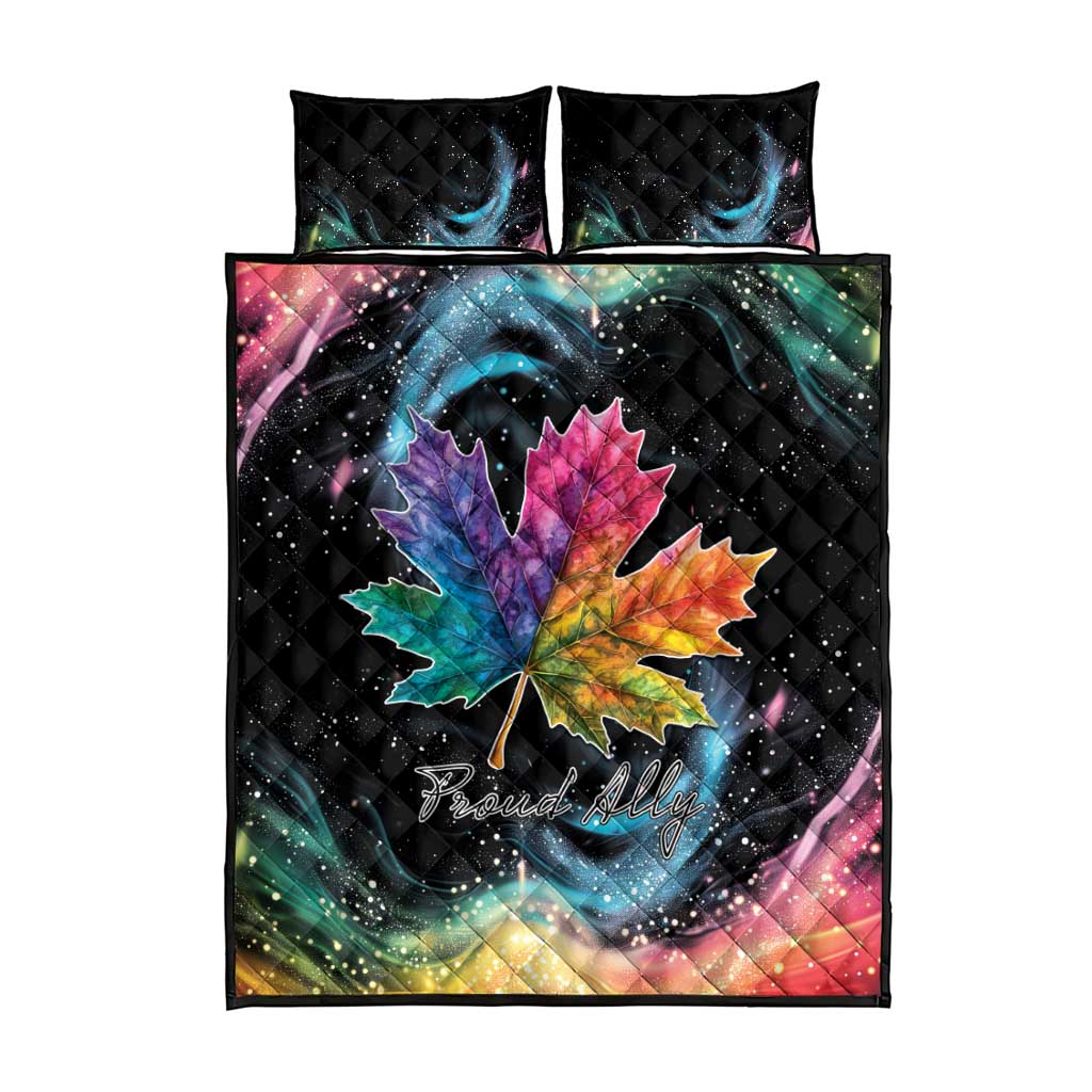 Black quilt bed set with colorful maple leaf centerpiece and 'Proud Ally' text, two pillowcases
