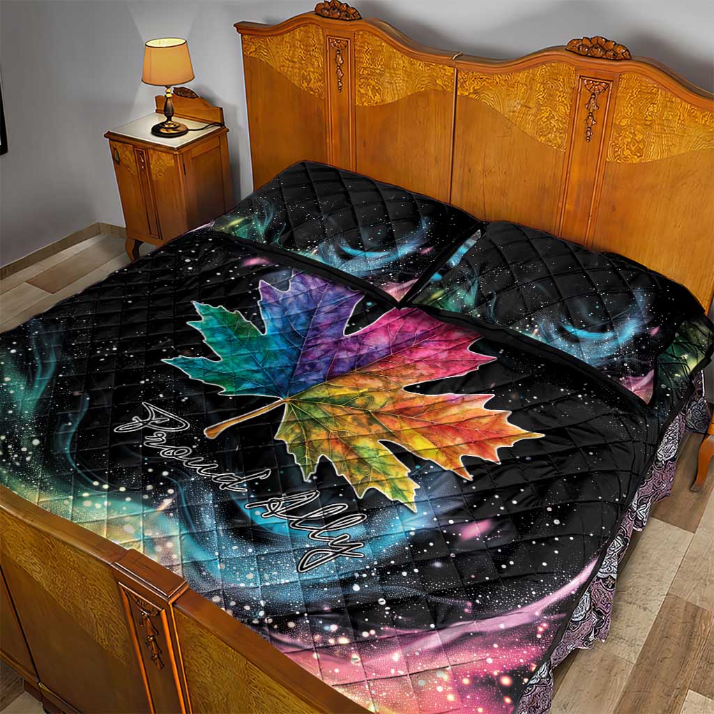 Black quilt bed set with rainbow maple leaf and 'Proud Ally' lettering, includes pillows