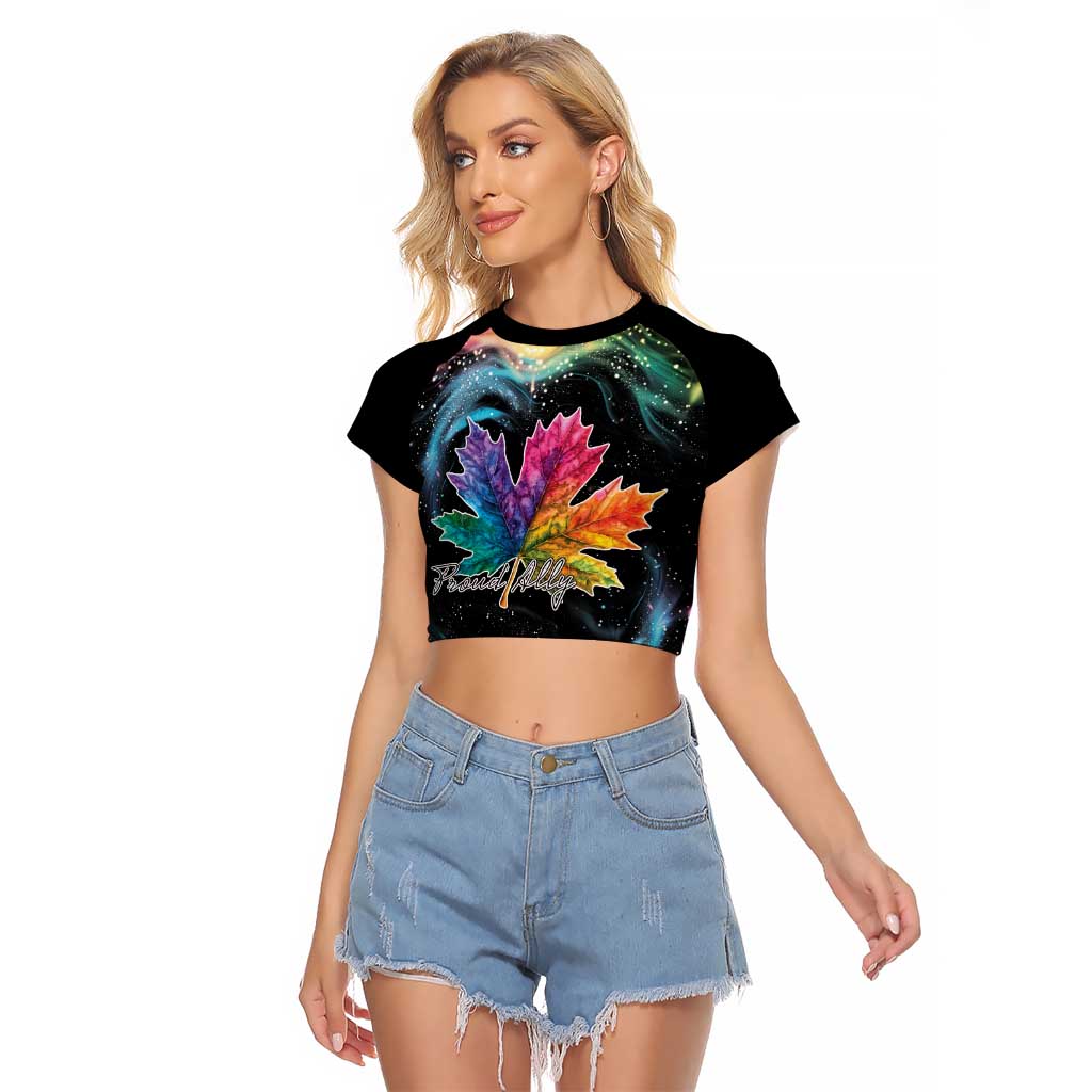 Rainbow Maple Leaf Raglan Cropped T Shirt Canada Pride Show Your Colors