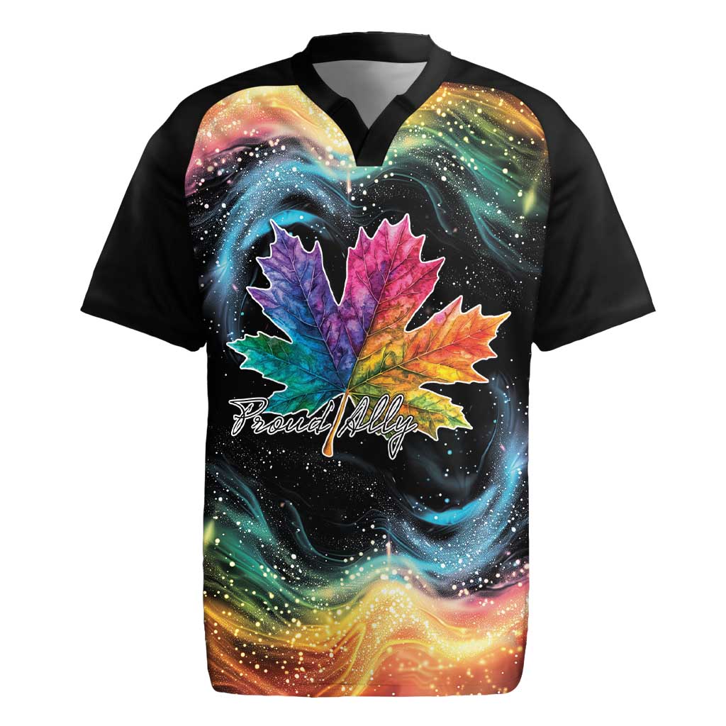 Black rugby jersey front with rainbow maple leaf design and Proud Ally lettering