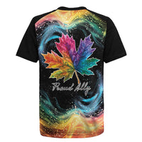 Black rugby jersey with rainbow maple leaf graphic and Proud Ally script on chest