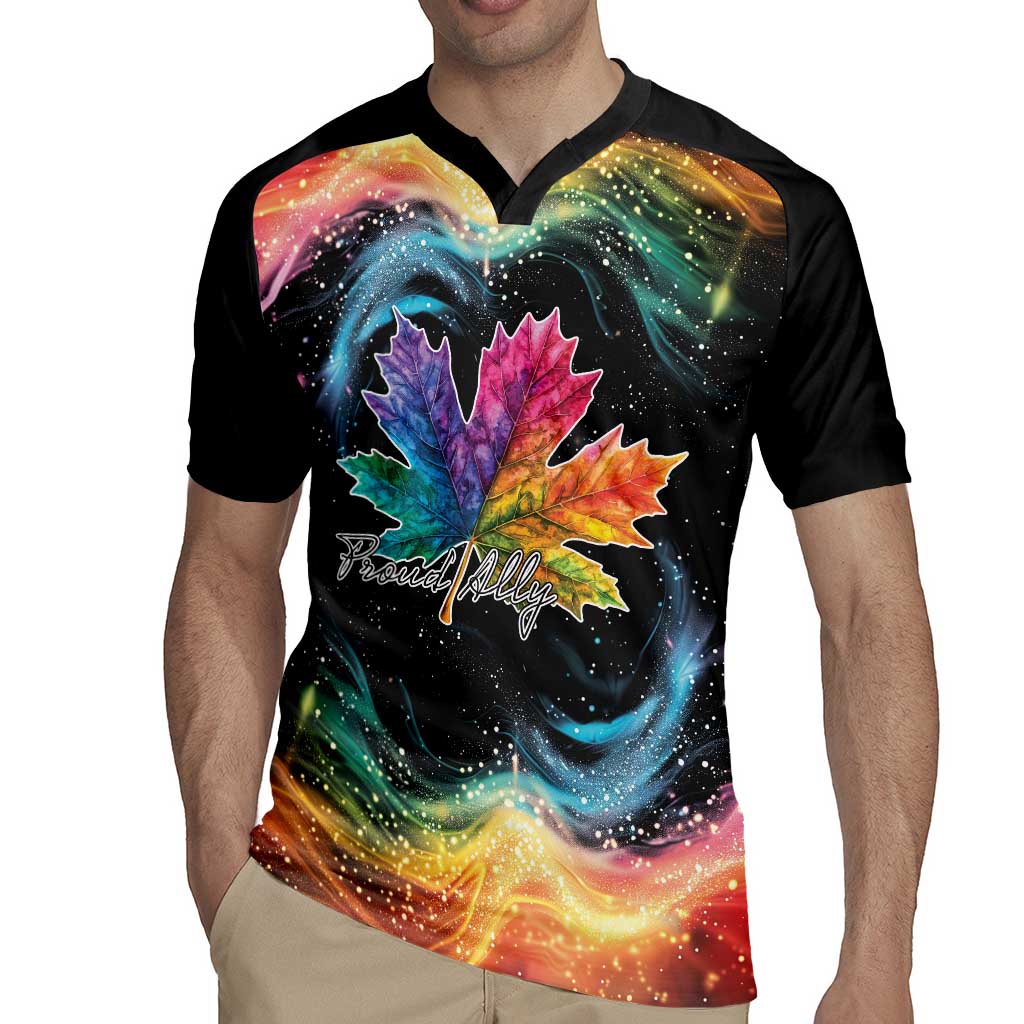 Black rugby jersey with rainbow maple leaf graphic and 'Proud Ally' text