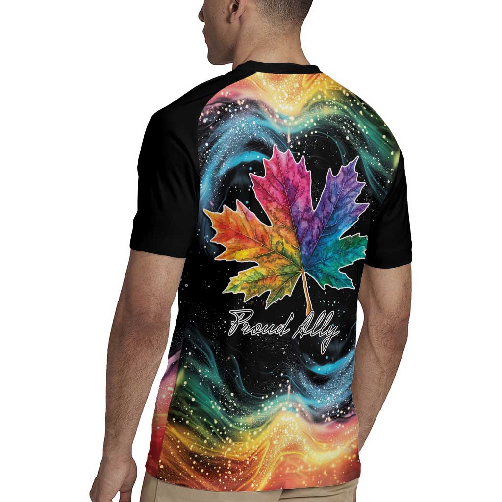 Black rugby jersey back with large rainbow maple leaf graphic and Proud Ally text