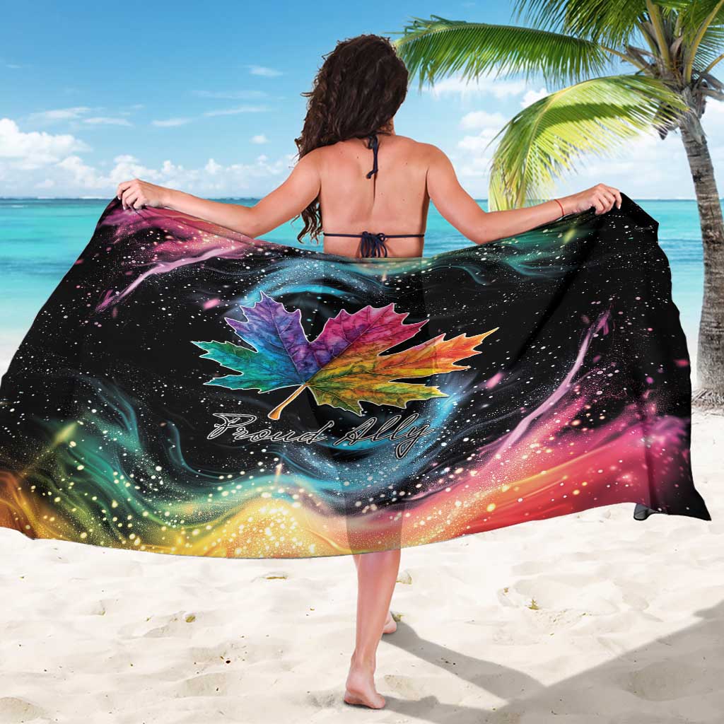 Black sarong with rainbow maple leaf design and wide drape
