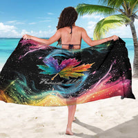 Black sarong with rainbow maple leaf design and wide drape