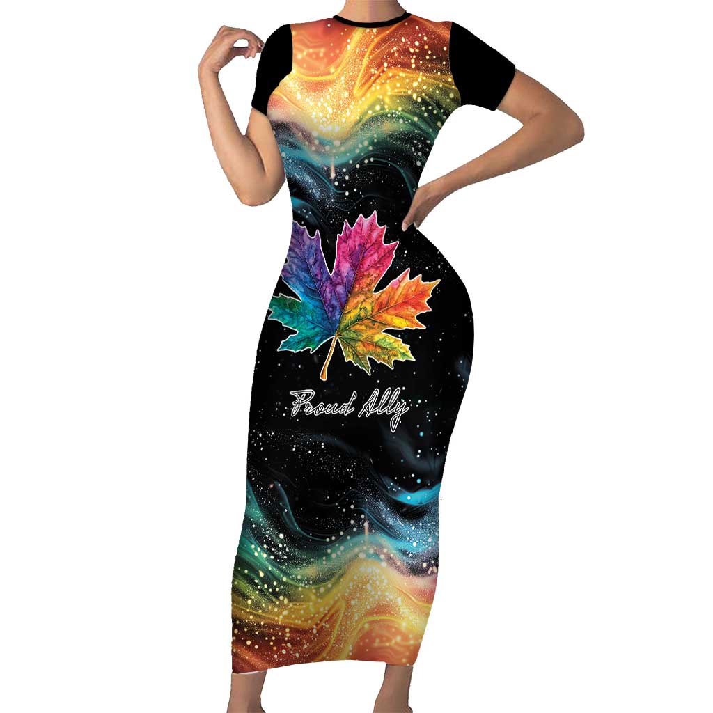 Rainbow Maple Leaf Short Sleeve Bodycon Dress Canada Pride Show Your Colors