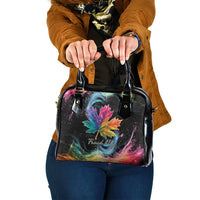Black shoulder handbag with rainbow maple leaf galaxy print, top handles and zipper