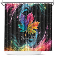 Black rainbow maple leaf shower curtain with colorful galaxy swirls and Proudly script