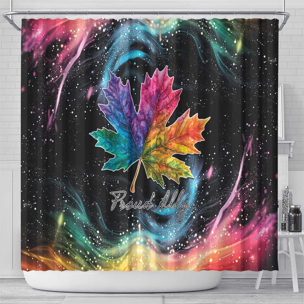 Black rainbow maple leaf shower curtain on rod with Proudly script and starry speckles