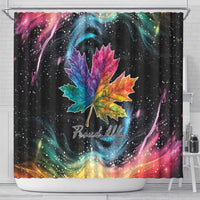 Black rainbow maple leaf shower curtain on rod with Proudly script and starry speckles