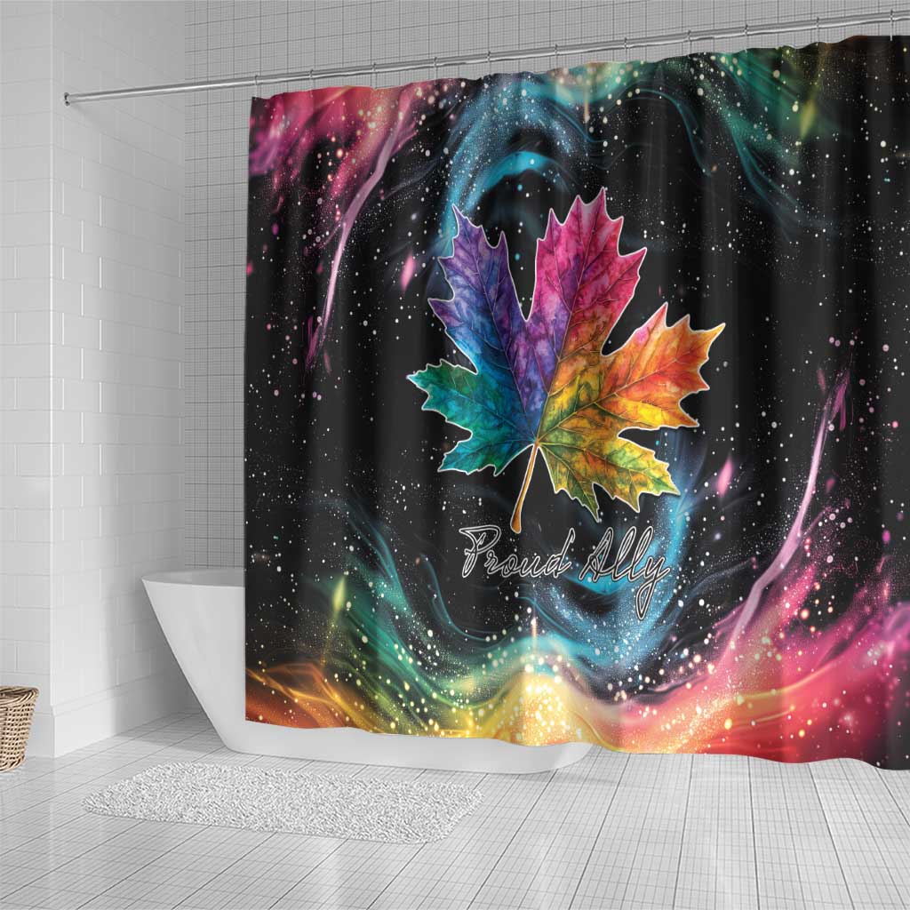 Rainbow maple leaf shower curtain with Proudly script, multicolor leaf on dark galaxy backdrop