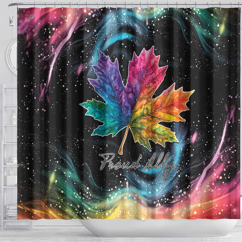 Black rainbow maple leaf shower curtain featuring Proudly script and swirling cosmic colors