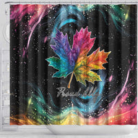 Black rainbow maple leaf shower curtain featuring Proudly script and swirling cosmic colors
