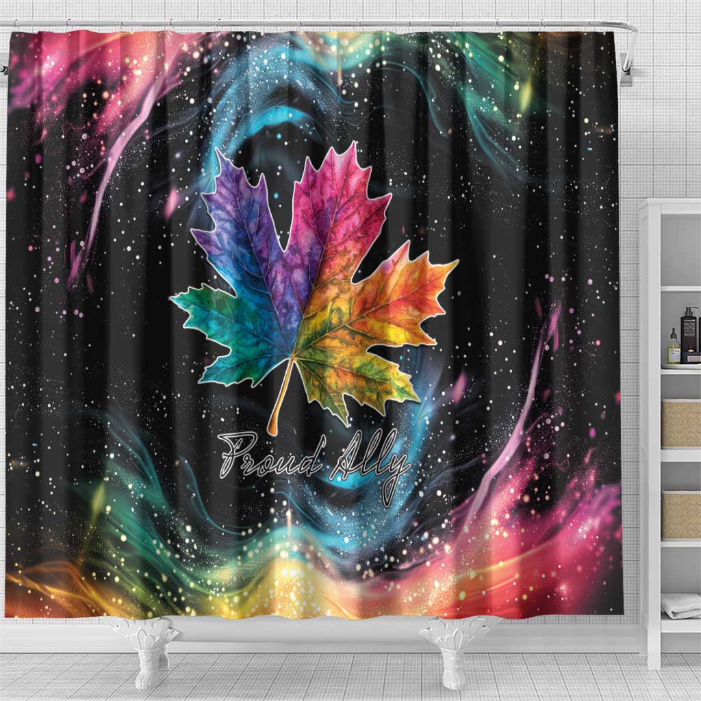 Black rainbow maple leaf shower curtain with Proudly script and bright multicolor maple leaf