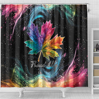 Black rainbow maple leaf shower curtain with Proudly script and bright multicolor maple leaf