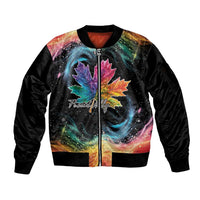 Unisex black zip bomber jacket with rainbow galaxy maple leaf front graphic