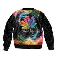 Unisex black bomber jacket with rainbow galaxy maple leaf back graphic