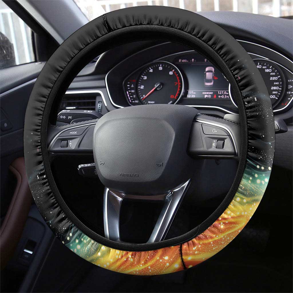 Black steering wheel cover with rainbow maple leaf graphic trim