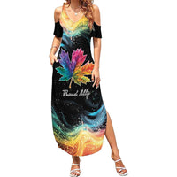 Women's black off-shoulder maxi dress with rainbow maple leaf print and side slit