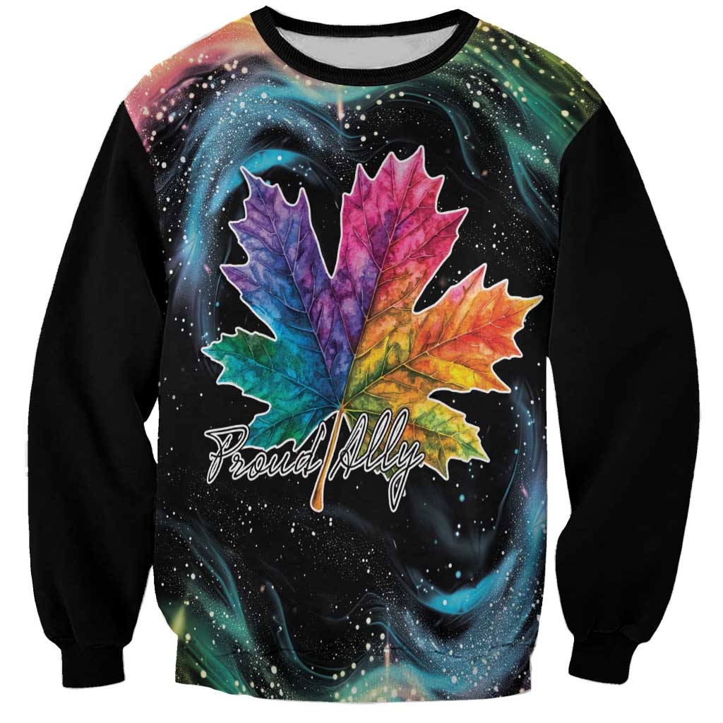 Black unisex sweatshirt, galaxy maple leaf graphic with 'Proud Ally' text