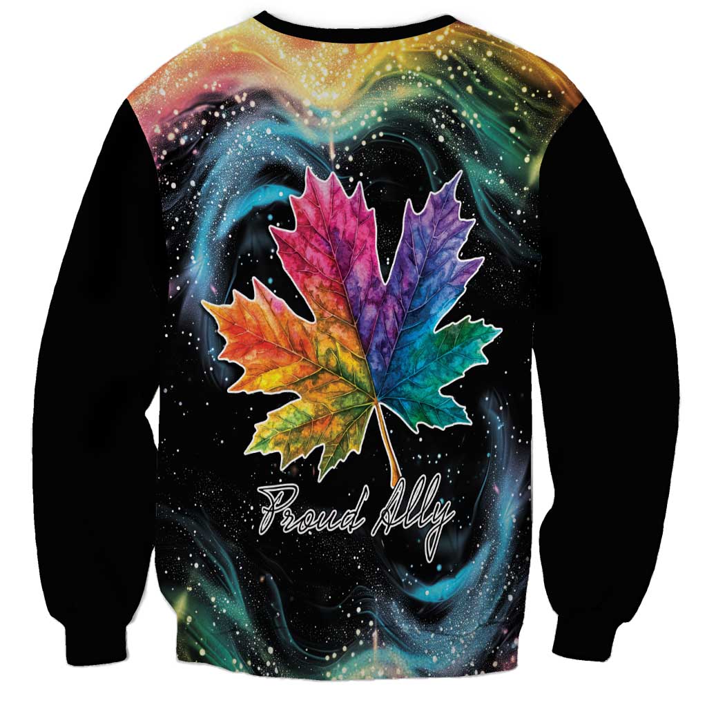 Black unisex sweatshirt with colorful maple leaf and 'Proud Ally' front graphic