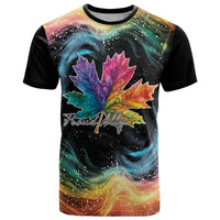 Black T-shirt with colorful rainbow maple leaf and Proudly script graphic