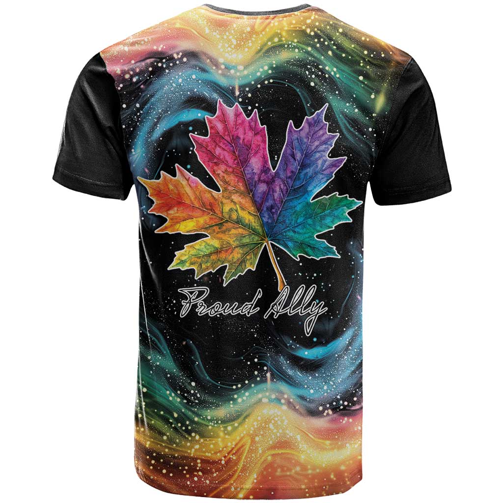 Black T-shirt with centered rainbow maple leaf and Proudly script text