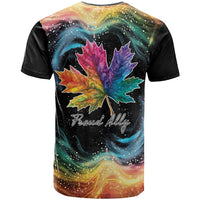 Black T-shirt with centered rainbow maple leaf and Proudly script text