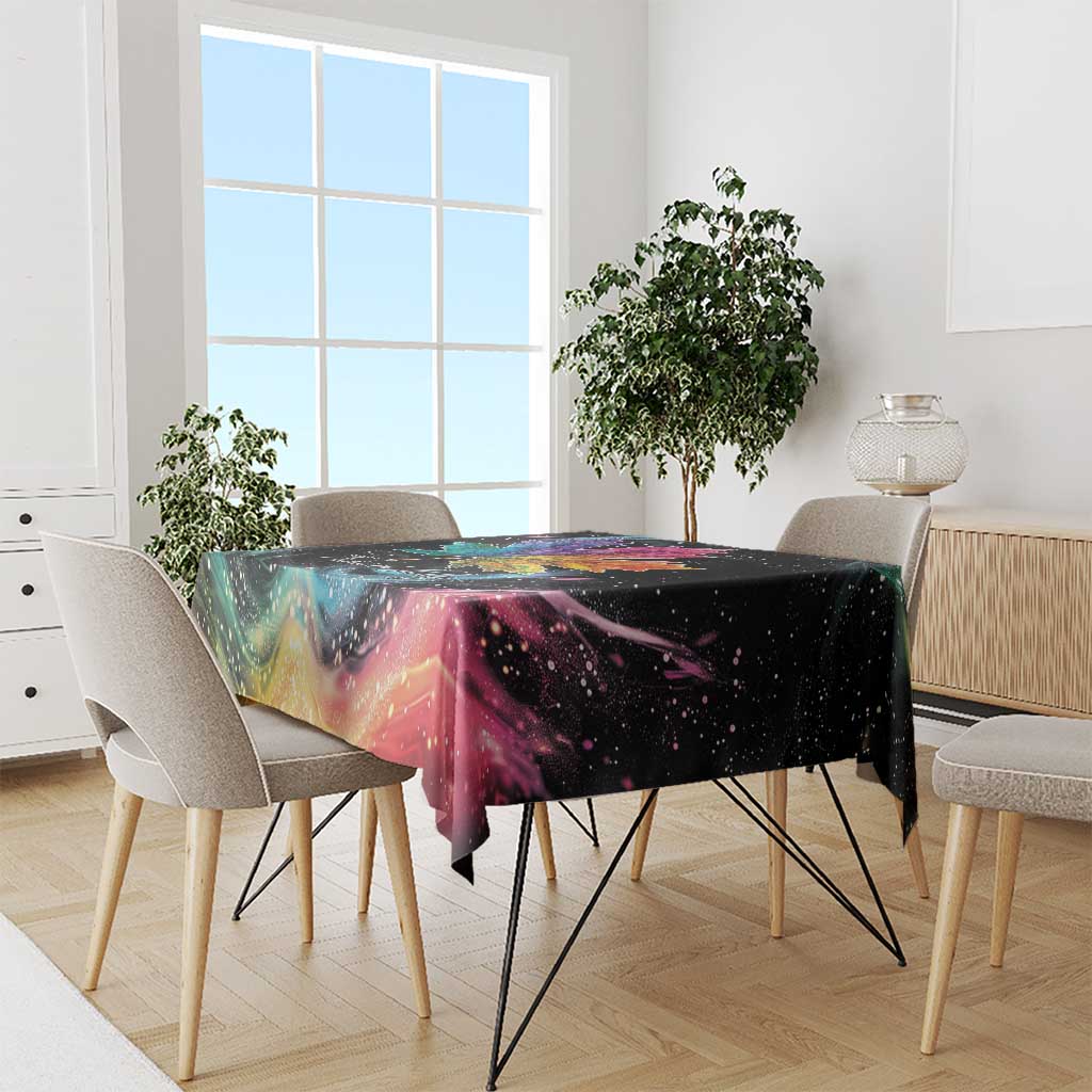 Black tablecloth with colorful galaxy and rainbow maple leaf design