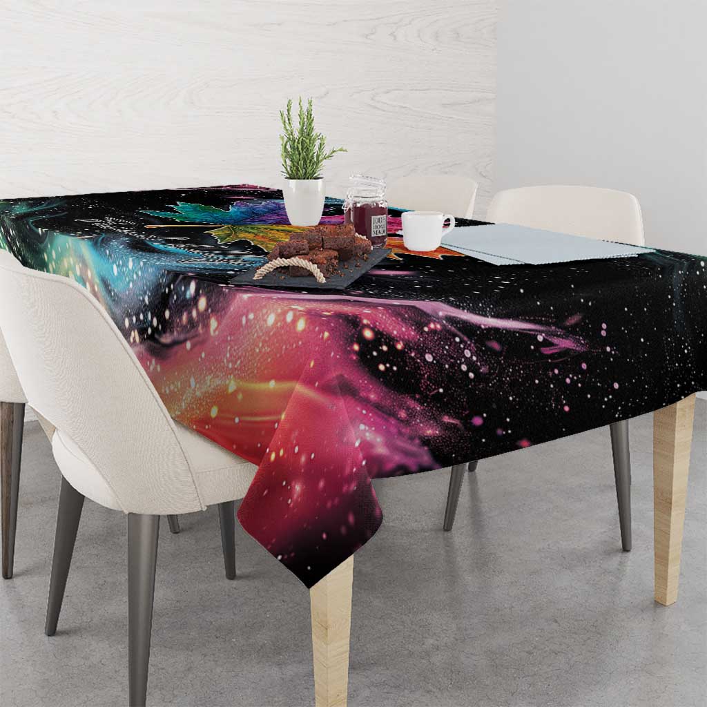 Black tablecloth with rainbow maple leaf, galaxy speckles, and colorful swirls
