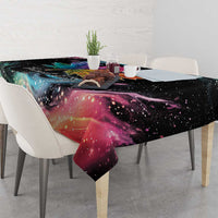 Black tablecloth with rainbow maple leaf, galaxy speckles, and colorful swirls