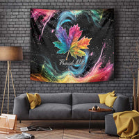 Rectangular rainbow maple leaf tapestry with “Proud Ally” script on a dark background