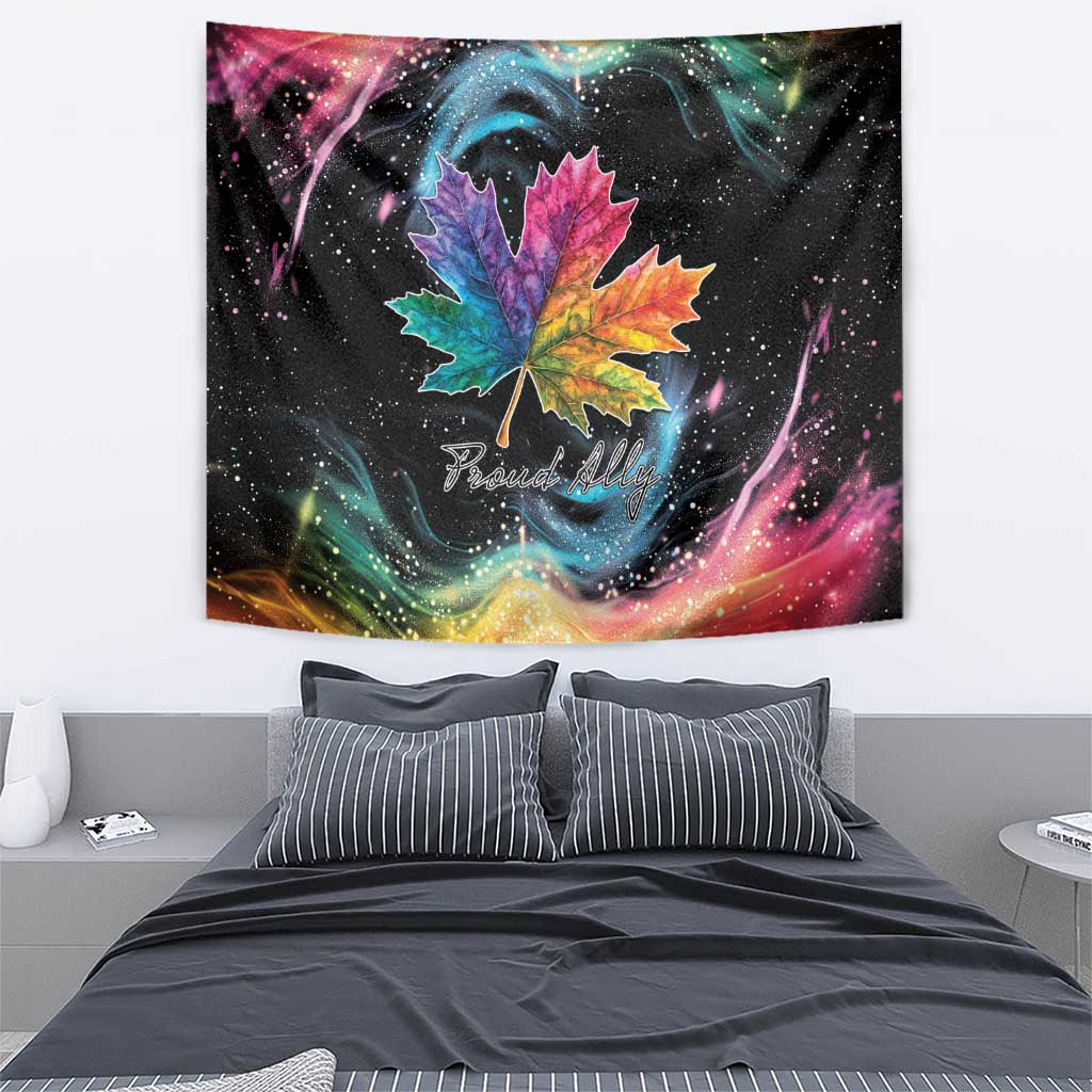 Rectangular wall tapestry featuring a rainbow maple leaf with “Proud Ally” text