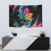 Rectangular rainbow maple leaf tapestry with colorful leaf and “Proud Ally” lettering