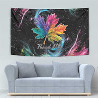 Rectangular rainbow maple leaf tapestry with “Proud Ally” script on a dark field