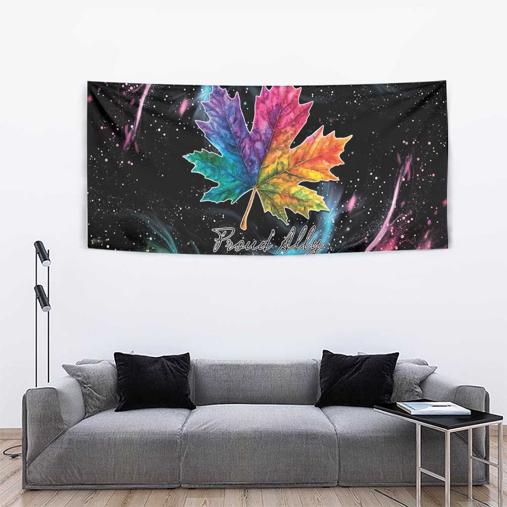 Rectangular rainbow maple leaf tapestry showing “Proud Ally” text on a dark background