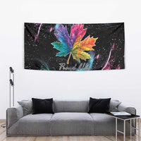 Rectangular rainbow maple leaf tapestry showing “Proud Ally” text on a dark background