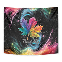 Rectangular rainbow maple leaf tapestry with “Proud Ally” script and multicolor swirls
