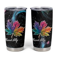 Black stainless tumbler with colorful maple leaf and cosmic star design, clear lid.