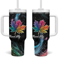 Black insulated tumbler with handle, rainbow maple leaf galaxy design, plastic straw lid