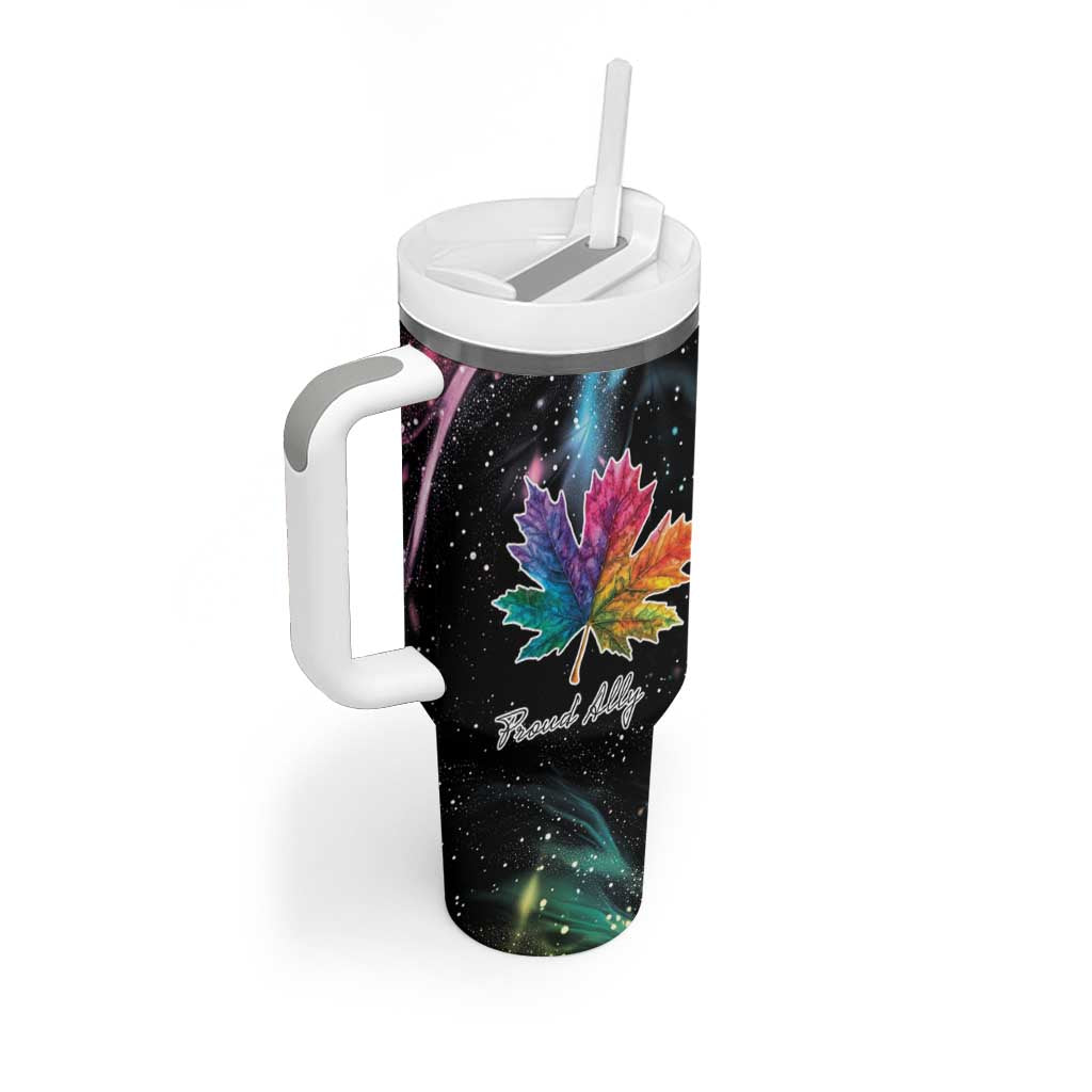 Black travel tumbler with handle and straw lid, rainbow maple leaf galaxy wrap