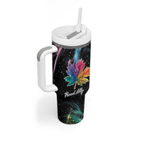 Black travel tumbler with handle and straw lid, rainbow maple leaf galaxy wrap