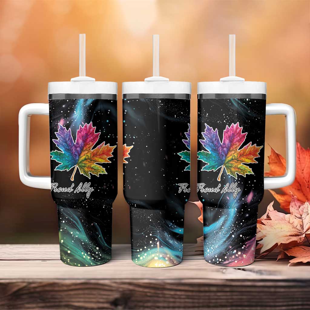 Set of black handled tumblers with straw lids, rainbow maple leaf galaxy graphics