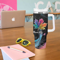 Black insulated tumbler with handle, rainbow maple leaf galaxy design and straw lid
