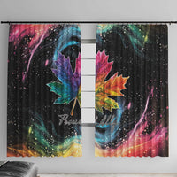 Black window curtain set with rainbow watercolor maple leaves and Pride lettering.