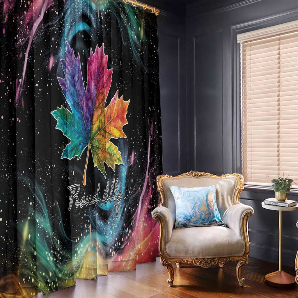 Black curtain panel with large rainbow maple leaf and Pride script across center.