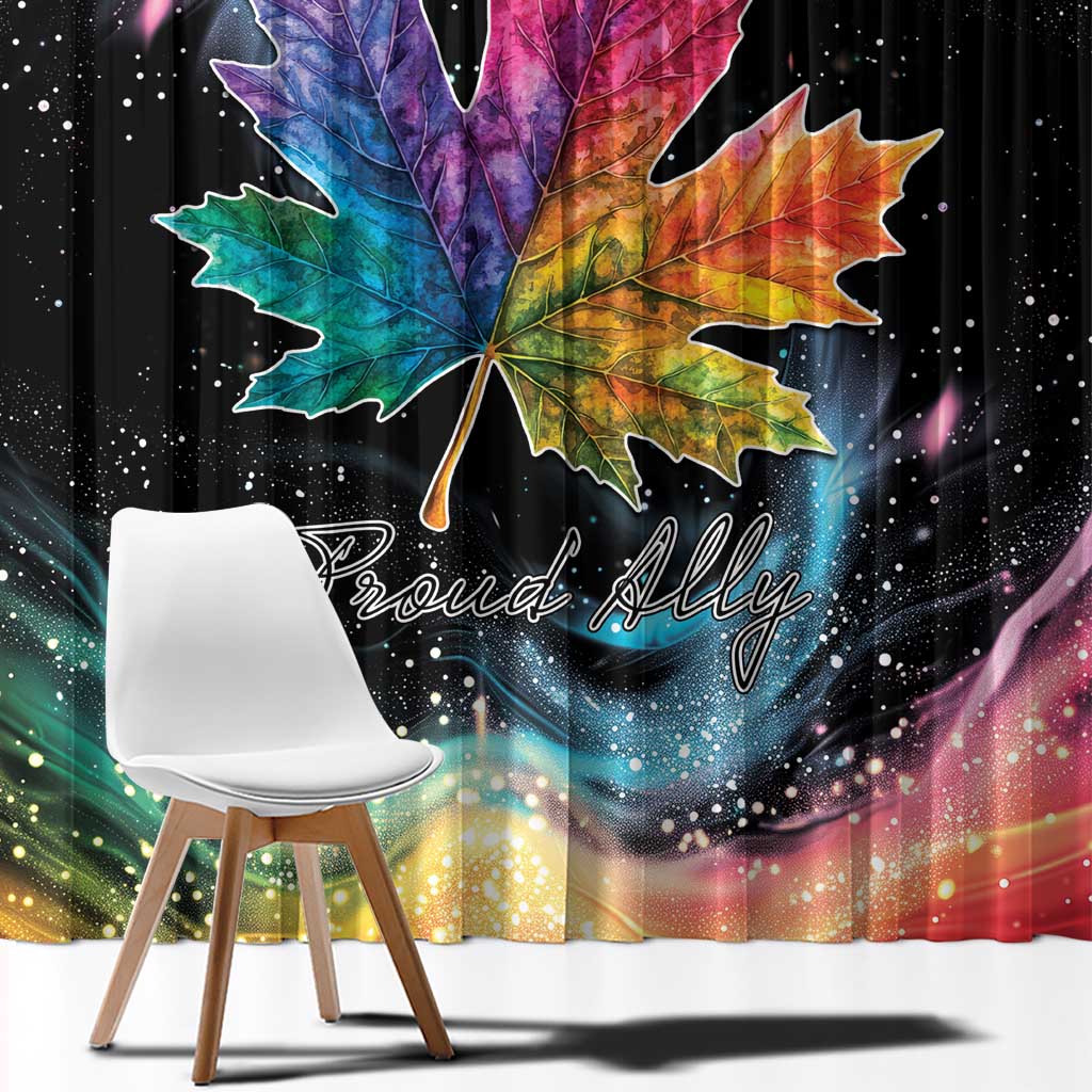 Black curtain panel with rainbow maple leaf and “Proud Ally” script, starry speckles.